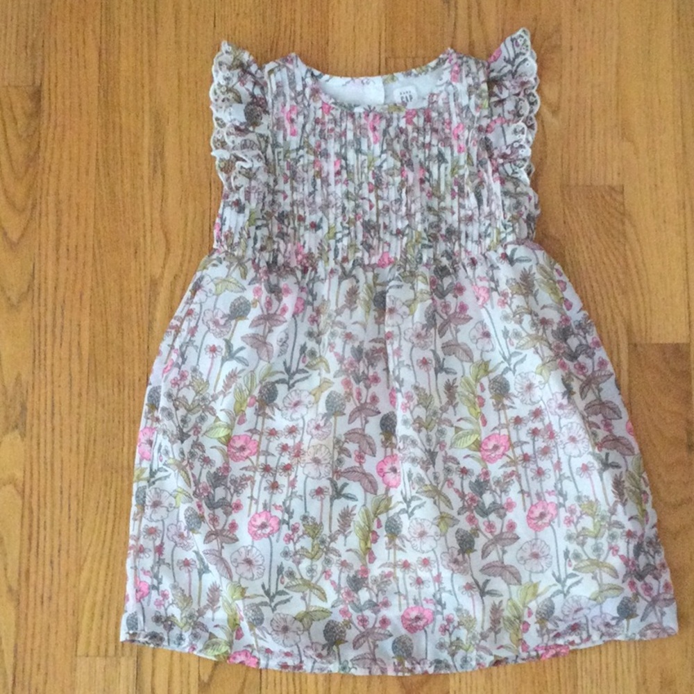 GAP Casual Pink and Green Floral Dress with Smocked Bodice